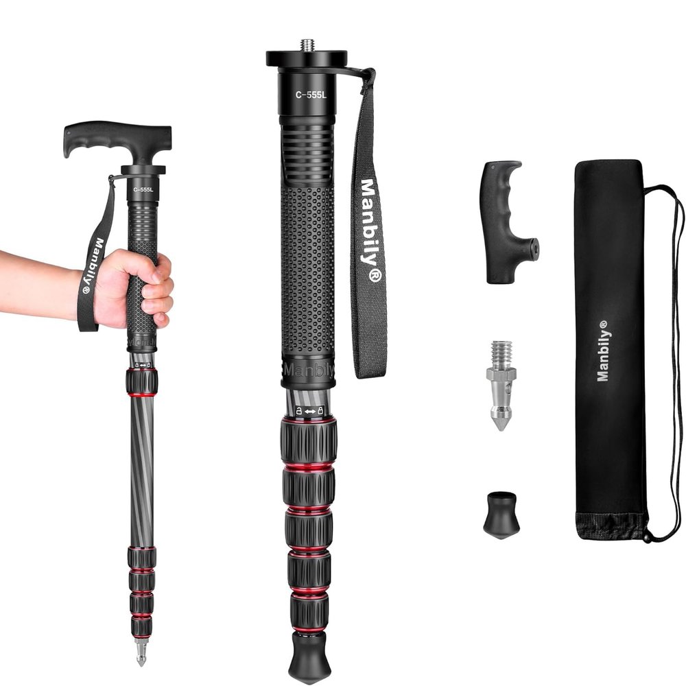 Manbily Camera Monopod, Carbon Fiber Portable Compact Lightweight Travel Monopod with Walking Stick Handle for DSLR Canon Nikon Sony Video Camcorder, 6 Sections up to 61 inch
