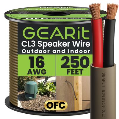 GEARit Outdoor Speaker Wire CL3 Rated, 16 Gauge Speaker Wire, Speaker Cable 250 ft for Outdoor Speakers, Patio, Garden, Backyard Audio, Direct Burial in Ground/in Wall, OFC (Brown, 2-Conductors)