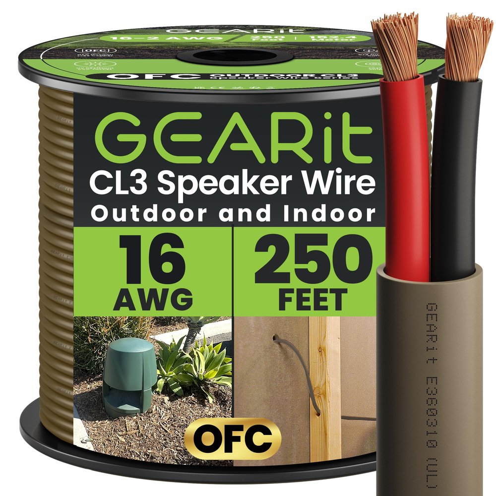 GEARit Outdoor Speaker Wire CL3 Rated, 16 Gauge Speaker Wire, Speaker Cable 250 ft for Outdoor Speakers, Patio, Garden, Backyard Audio, Direct Burial in Ground/in Wall, OFC (Brown, 2-Conductors)