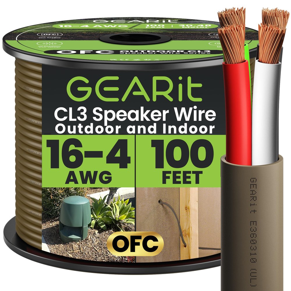 GEARit Outdoor Speaker Wire CL3 Rated, 16 Gauge Speaker Wire, Speaker Cable 100 ft for Outdoor Speakers, Patio, Garden, Backyard Audio, Direct Burial in Ground/in Wall, OFC (Brown, 4-Conductors)