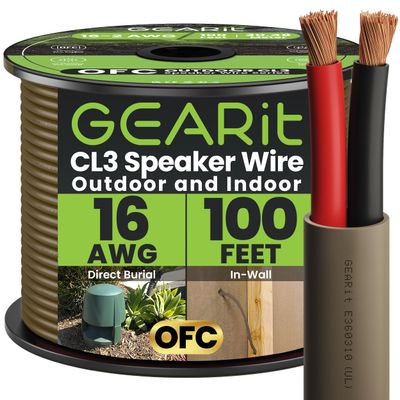 GEARit Outdoor Speaker Wire CL3 Rated, 16 Gauge Speaker Wire, Speaker Cable 100 ft for Outdoor Speakers, Patio, Garden, Backyard Audio, Direct Burial in Ground/in Wall, OFC (Brown, 2-Conductors)