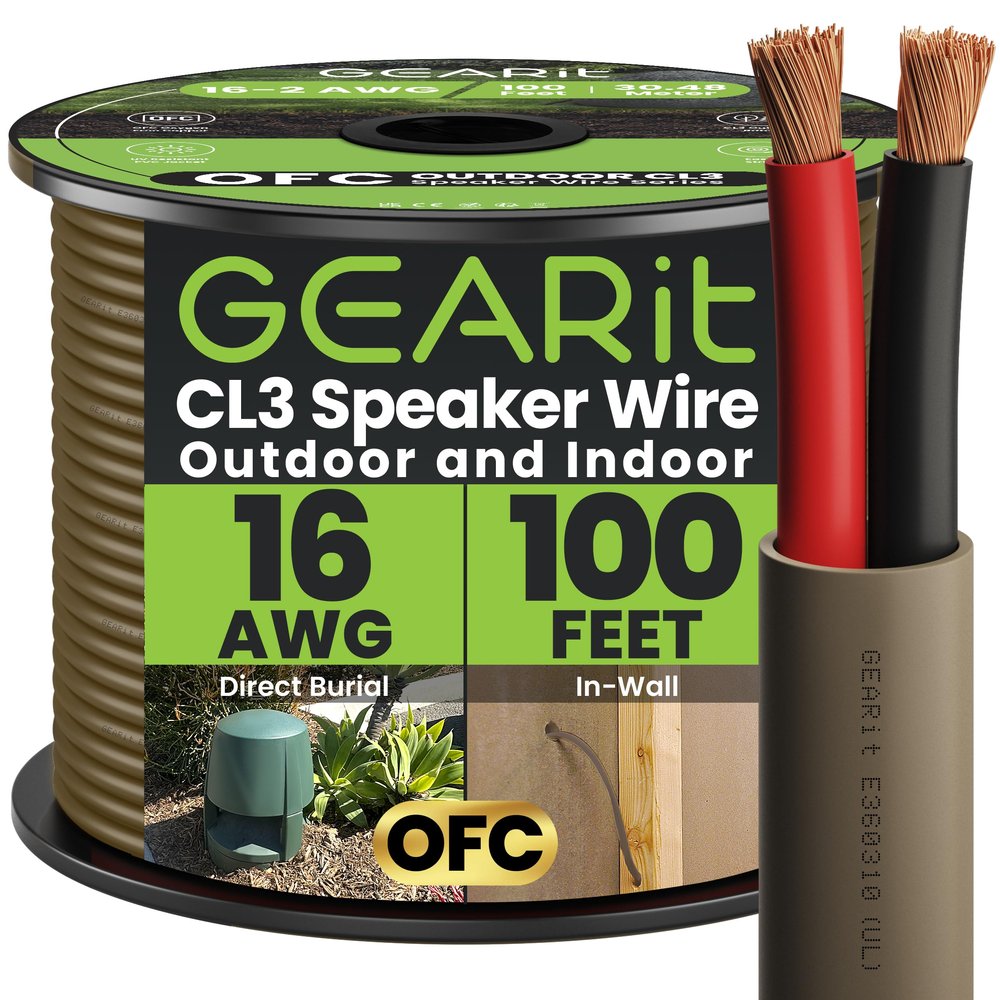 GEARit Outdoor Speaker Wire CL3 Rated, 16 Gauge Speaker Wire, Speaker Cable 100 ft for Outdoor Speakers, Patio, Garden, Backyard Audio, Direct Burial in Ground/in Wall, OFC (Brown, 2-Conductors)