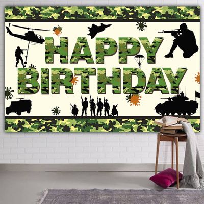 6 x 3.6ft Camouflage Happy Birthday Banner, Army Soldier Military Camo Birthday Backdrop, Camo Theme Party Decorations for Kids & Adults