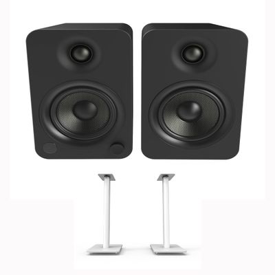 Kanto YU4MB 140W Bookshelf Speakers with Bluetooth - Matte Black (Pair) with Kanto SP26PLW 26" Fixed-Height Stands for Bookshelf Speakers - White (Pair) (2022)