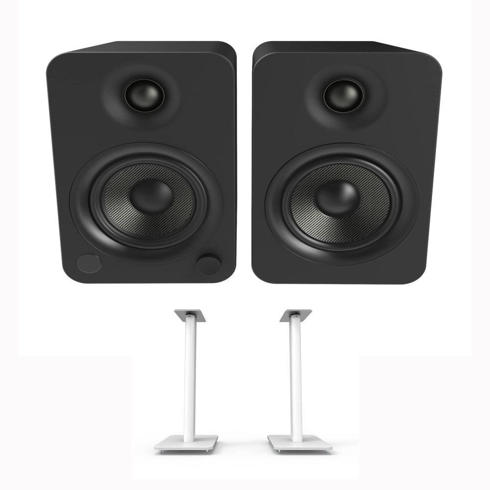 Kanto YU4MB 140W Bookshelf Speakers with Bluetooth - Matte Black (Pair) with Kanto SP26PLW 26" Fixed-Height Stands for Bookshelf Speakers - White (Pair) (2022)