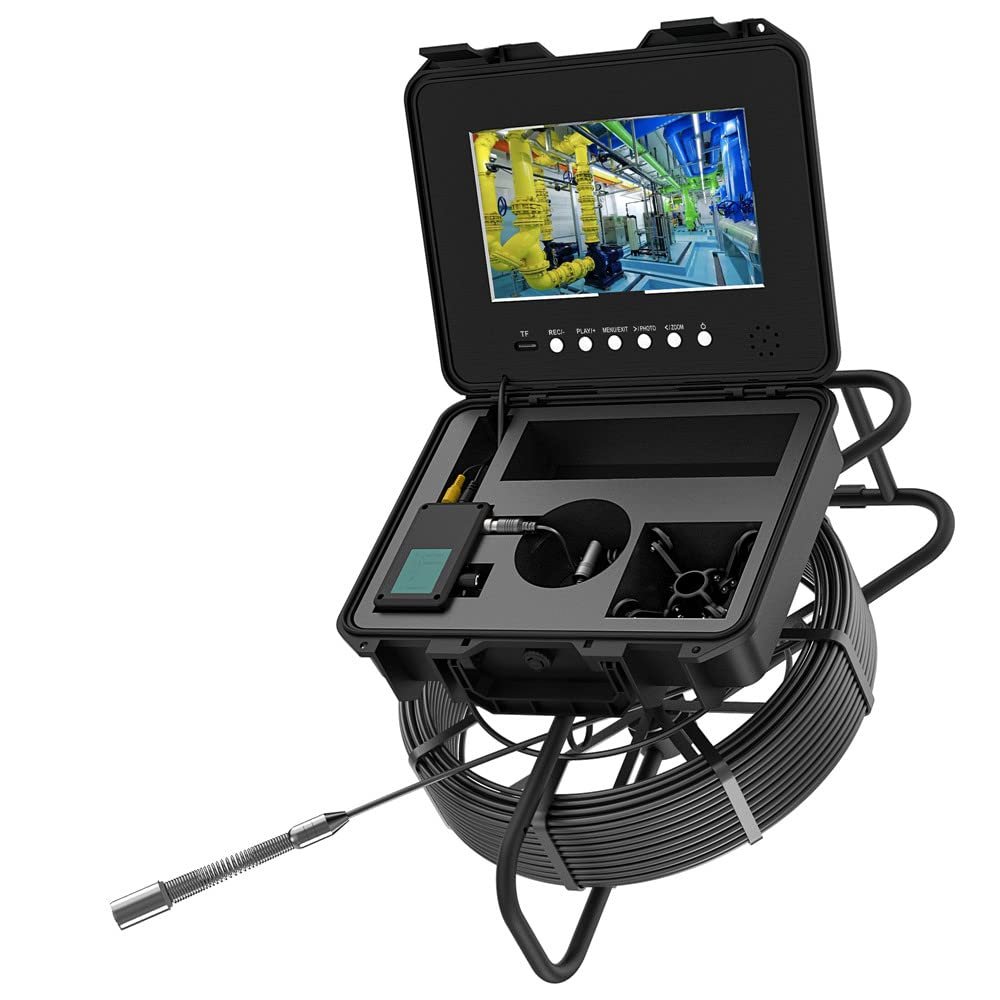 10.1" IPS Pipe Sewer Drain Inspection Camera and 512HZ Locator DVR Auto Self Leveling AHD 1080P Screen Diameter 7MM Cable Video+Audio Recording 5X Image Enlarge (50M Cable)