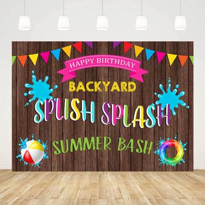 ABLIN 8x6ft Summer Pool Party Backdrop for Birthday Splish Splash Summer Bash Backyard Pool Party Decorations Wood Pennant Photography Background Pool Party Banner Props