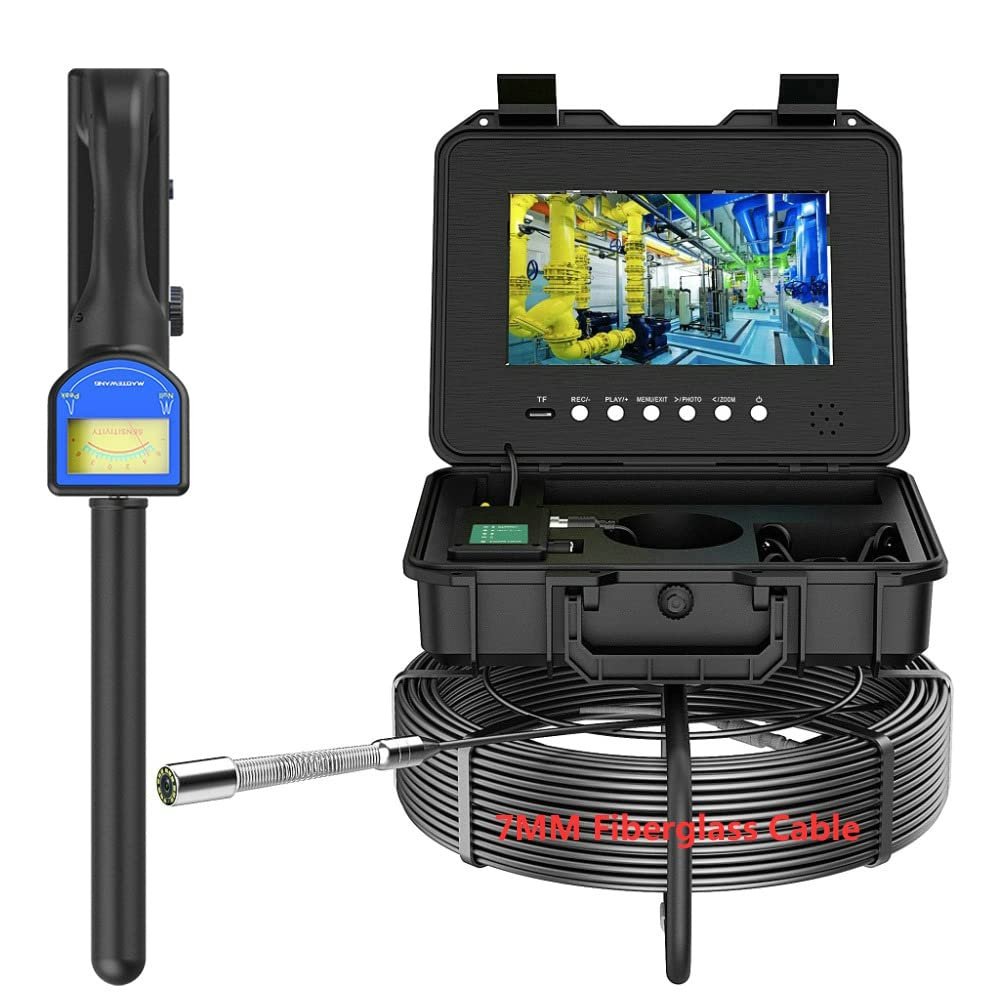 10.1" IPS Pipe Sewer Drain Inspection Camera and 512HZ Locator DVR AHD 1080P Screen Diameter 7MM Cable Video+Audio Recording 5X Image Enlarge (50M Cable)