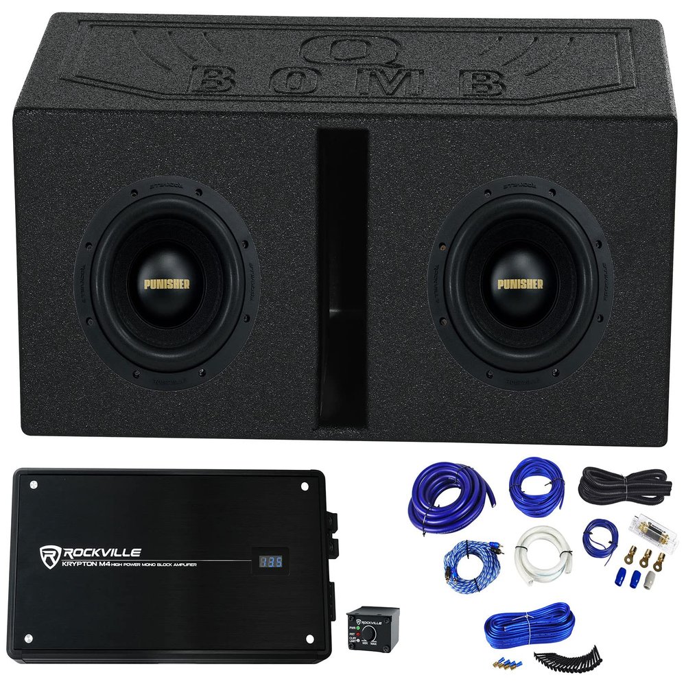 Rockville 2 Punisher 8D1 8" 750w RMS Competition Subwoofers+Amplifier+Vented Box