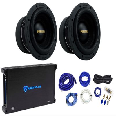 Rockville Punisher 8D2 Bundle: (2) 8 in 750W RMS / 3000W Peak Dual 2 Ohm Competition Car Subwoofers, dB15 1500W RMS / 6000W Peak Mono Amplifier, RWK01 0 Gauge Amp Wiring Kit, 4-Items