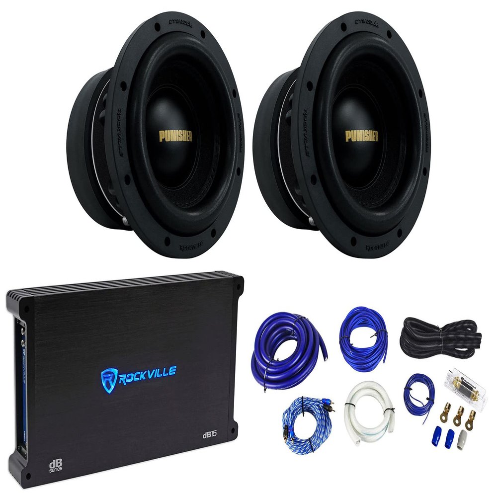Rockville Punisher 8D2 Bundle: (2) 8 in 750W RMS / 3000W Peak Dual 2 Ohm Competition Car Subwoofers, dB15 1500W RMS / 6000W Peak Mono Amplifier, RWK01 0 Gauge Amp Wiring Kit, 4-Items