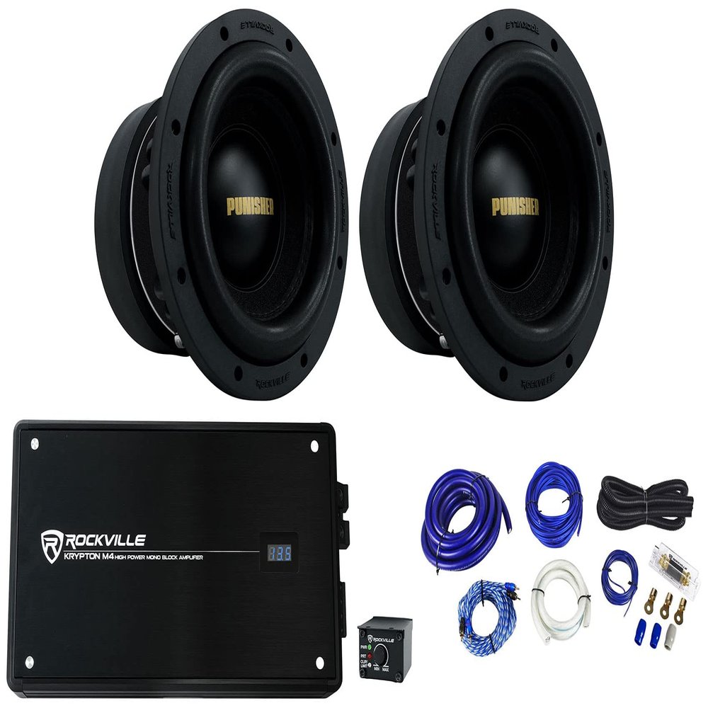 2 Rockville Punisher 8D1 8" 750w RMS Competition Car Subwoofers+Amplifier+Wires