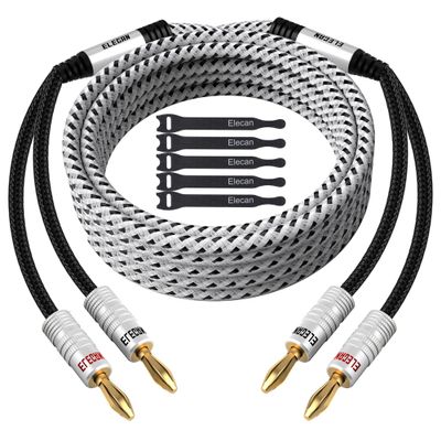 Elecan 14 AWG Speaker Cable Wire 15 Feet with Gold-Plated Banana Tip Plugs-CL2 Rated-in Wall-Heavy Duty Nylon Braided, Oxygen-Free Copper (OFC)-with 5 Cable Ties