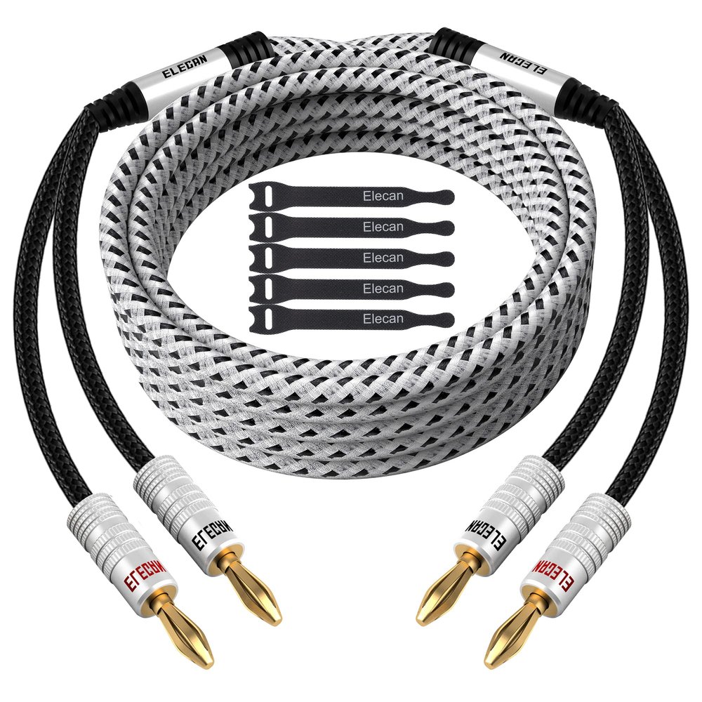 Elecan 14 AWG Speaker Cable Wire 15 Feet with Gold-Plated Banana Tip Plugs-CL2 Rated-in Wall-Heavy Duty Nylon Braided, Oxygen-Free Copper (OFC)-with 5 Cable Ties