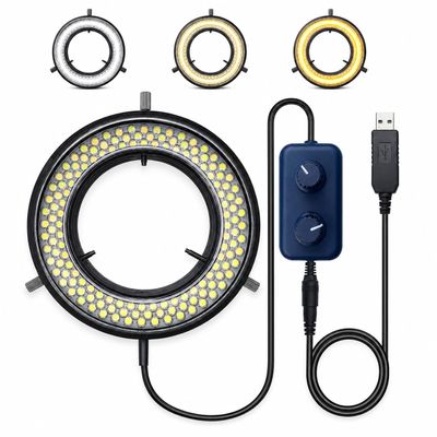 Microscope LED Ring Light Illuminator, USB 5V 144 LED Color Temperature Adjustable, 4 Zone RGB, Focus Lamp Source for Monocular Binocular Trinocular Stereo Microscope Vision Scientific (144 CW WW)