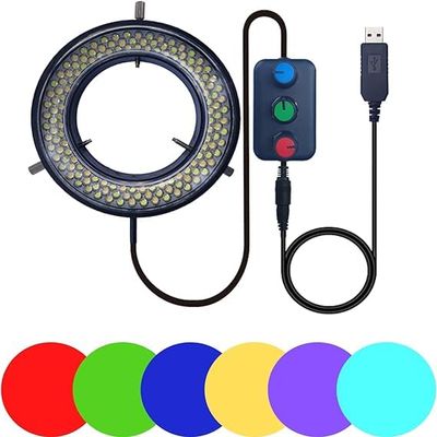 Microscope LED Ring Light Illuminator, USB 5V 144 Color Temperature Adjustable, 4 Zone, RGB, Focus Lamp Source for Monocular Binocular Trinocular Stereo Microscope Vision Scientific (144 LED RGB)