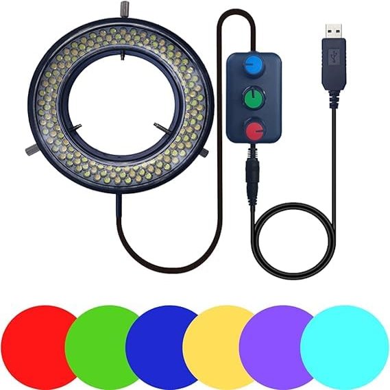 Microscope LED Ring Light Illuminator, USB 5V 144 Color Temperature Adjustable, 4 Zone, RGB, Focus Lamp Source for Monocular Binocular Trinocular Stereo Microscope Vision Scientific (144 LED RGB)