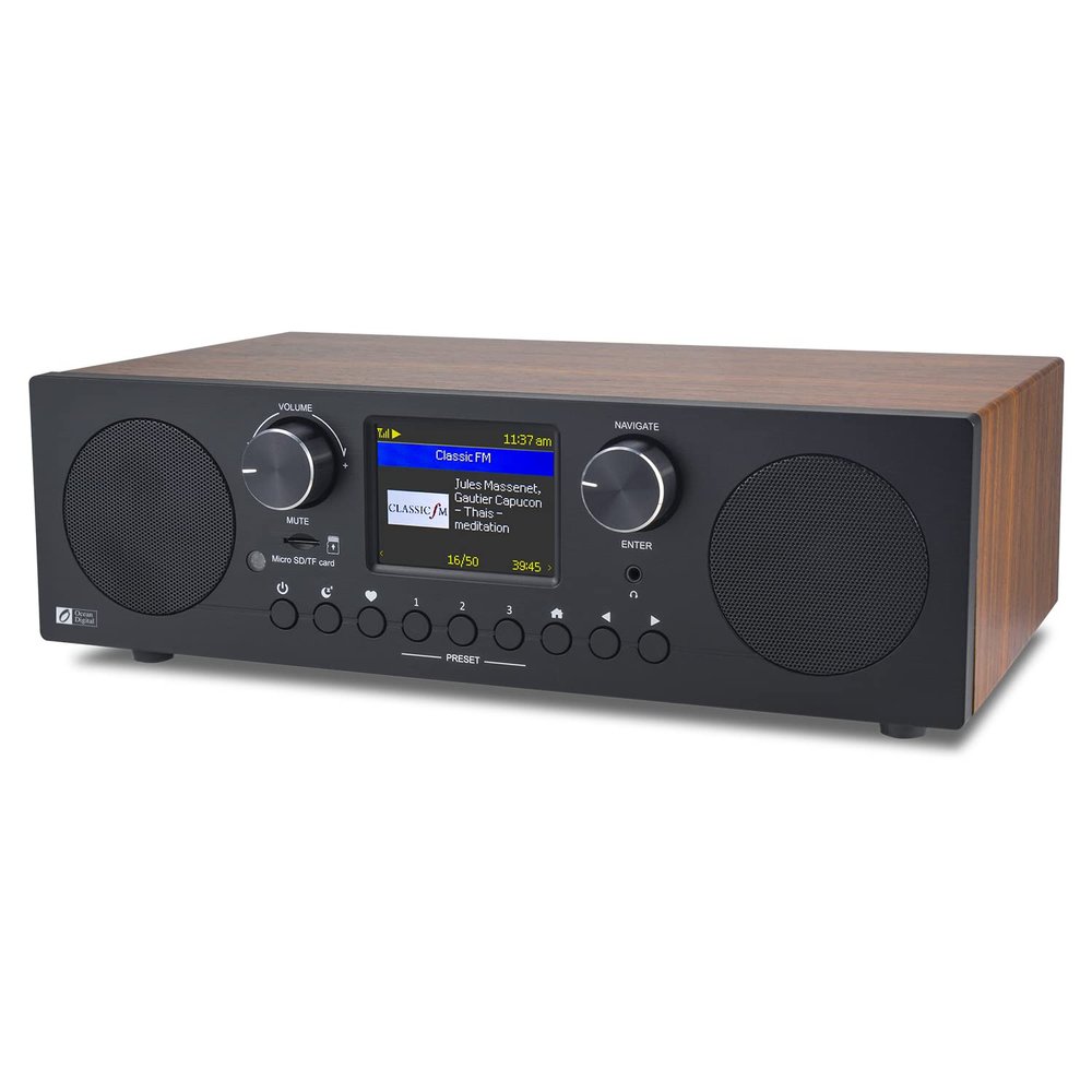 Ocean Digital WR-800 FM Wi-Fi Internet Radio Stereo Speakers Micro SD Line Out Aux in 30,000+ Stations Stress Relief Relaxation Sleep Aid 2.8" Color Display Wooden Casing Black