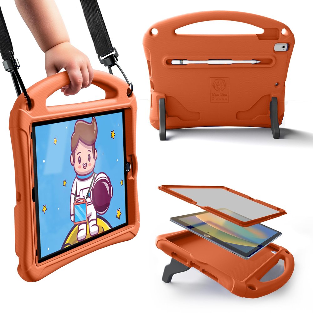 Bam Bino Space Suit iPad Kids Case for iPad Pro 11 1st/2nd/3rd/4th Gen, 10.9" iPad Air 5th/4th Generation, Pencil Holder, Shoulder Strap, Screen Guard (Solar Tangerine)