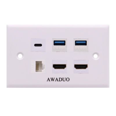 AWAUO USB C Wall Outlet White Wall Mount 2 USB3.0+2 HDMI2.0 +1 Cat6 Ethernet+1 USB Type C Port, USB Charger Compatible with iPhone/Samsung(Outlet Wall Plate Included)