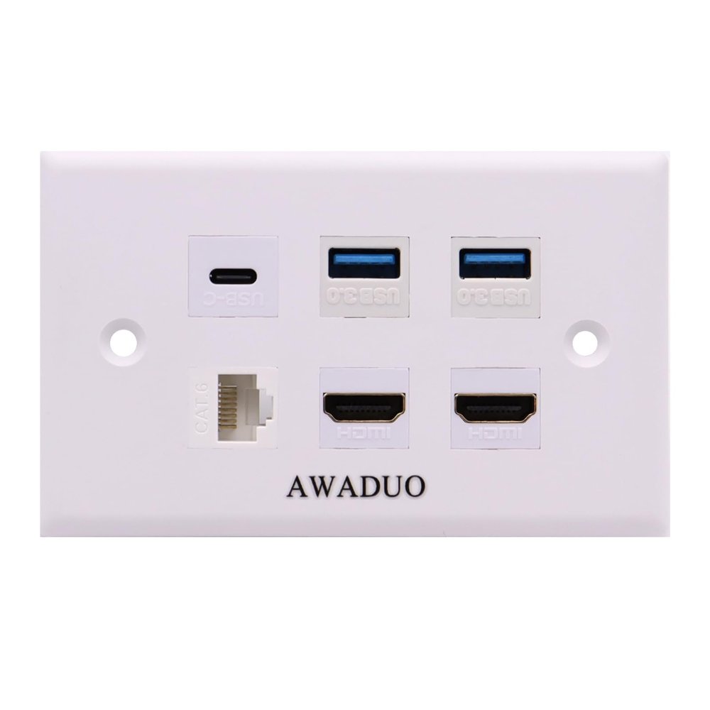 AWAUO USB C Wall Outlet White Wall Mount 2 USB3.0+2 HDMI2.0 +1 Cat6 Ethernet+1 USB Type C Port, USB Charger Compatible with iPhone/Samsung(Outlet Wall Plate Included)