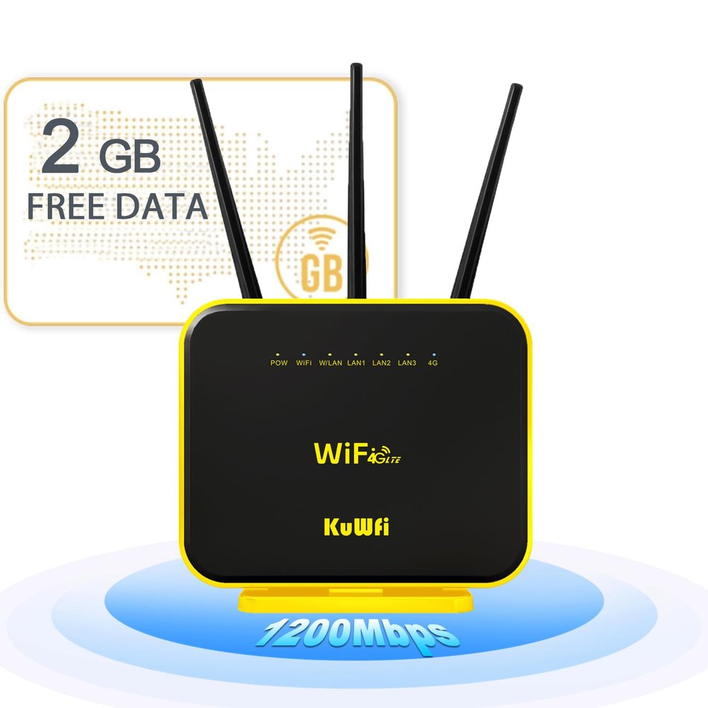 KuWFi Hotspot 4G LTE No SIM Card Router 1200Mbps Dual Band Gigabit WiFi External Antenna with US 2GB Data vSIM Router Offer high-Speed Data Plans to accommodate RV orRural No Contract Plug and Play