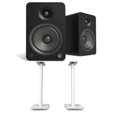 Kanto YU6MB 200W Bookshelf Speakers with Bluetooth - Matte Black (Pair) with Kanto SP26PLW 26" Fixed-Height Stands for Bookshelf Speakers - White (Pair) (2022)