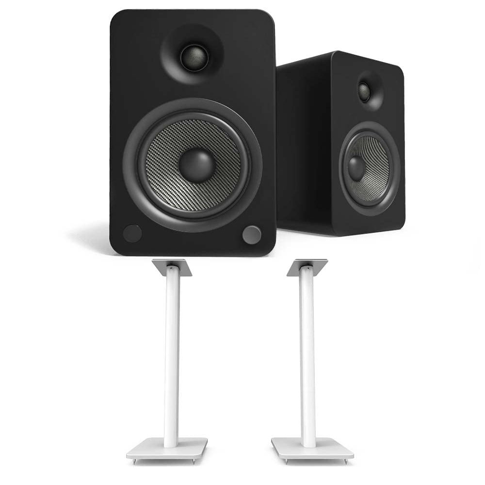 Kanto YU6MB 200W Bookshelf Speakers with Bluetooth - Matte Black (Pair) with Kanto SP26PLW 26" Fixed-Height Stands for Bookshelf Speakers - White (Pair) (2022)