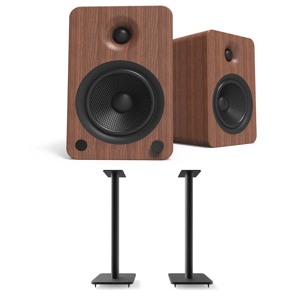Kanto YU6WALNUT 200W Bookshelf Speakers with Bluetooth - Walnut (Pair) with Kanto SP26PL 26" Fixed-Height Stands for Bookshelf Speakers - Black (Pair) (2022)