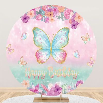 Yeele 5x5ft Butterfly Happy Birthday Round Backdrop Pink Flower Gold Glitter Butterfly Photography Background Baby Girls Princess Birthday Party Cake Table Banner Decor Supplies Photo Booth Props