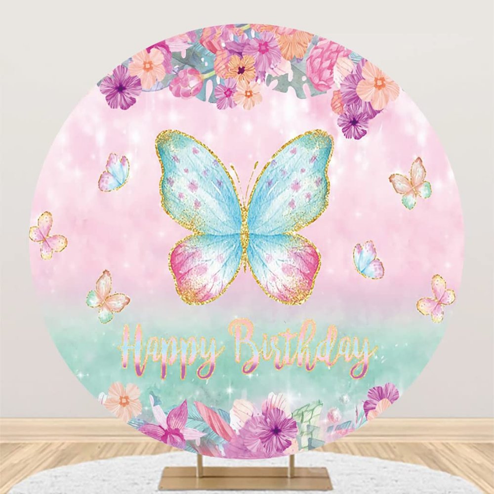 Yeele 5x5ft Butterfly Happy Birthday Round Backdrop Pink Flower Gold Glitter Butterfly Photography Background Baby Girls Princess Birthday Party Cake Table Banner Decor Supplies Photo Booth Props