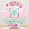 Yeele 5x5ft Butterfly Happy Birthday Round Backdrop Pink Flower Gold Glitter Butterfly Photography Background Baby Girls Princess Birthday Party Cake Table Banner Decor Supplies Photo Booth Props view 1