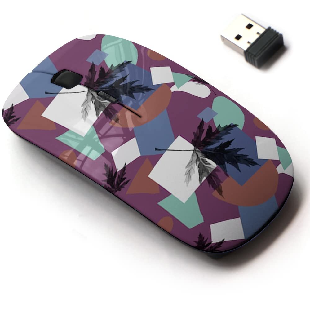 2.4G Wireless Mouse with Cute Pattern Design for All Laptops and Desktops with Nano Receiver - Black Maple Leaves on Geometric