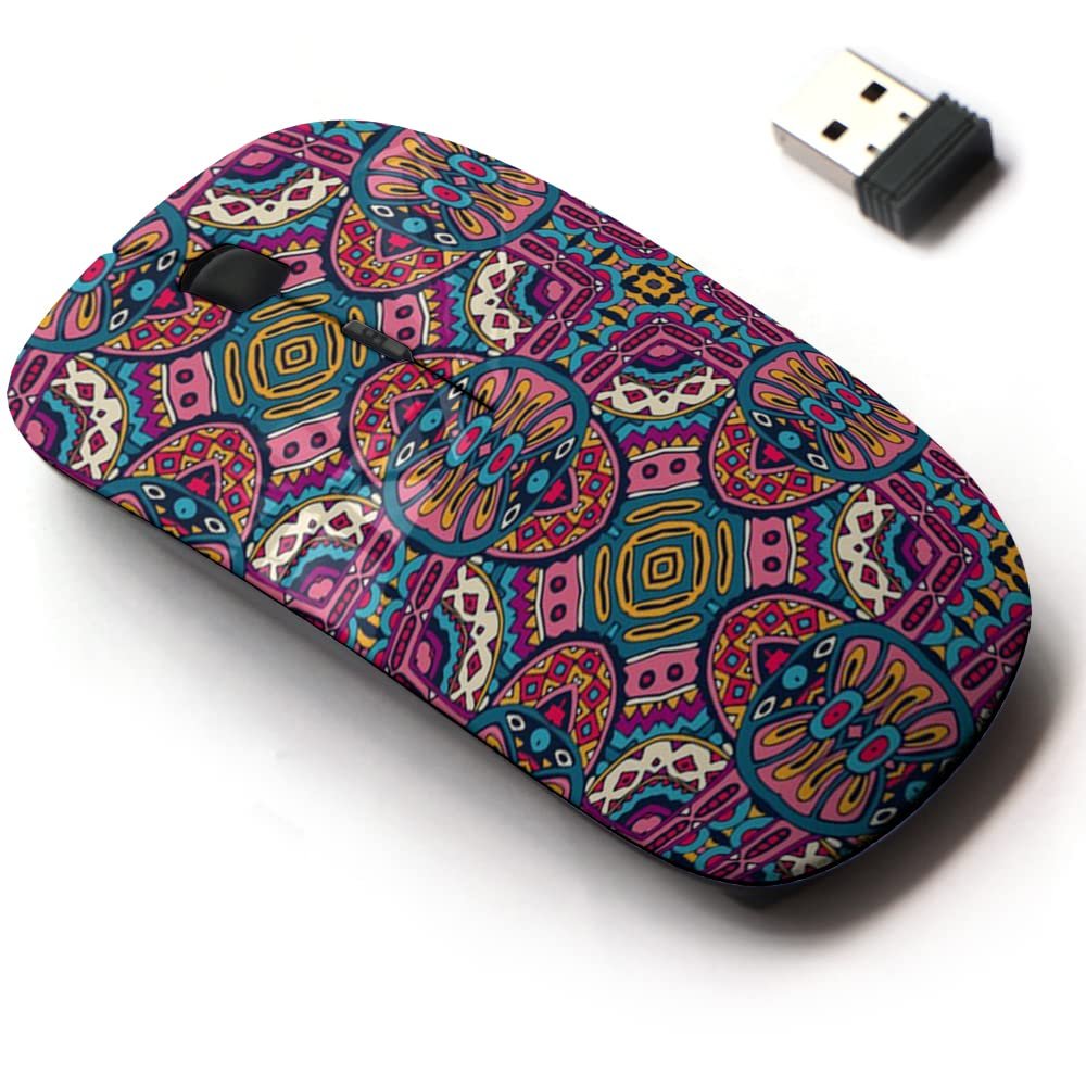 2.4G Wireless Mouse with Cute Pattern Design for All Laptops and Desktops with Nano Receiver - Ethnic Tribal Festive Fabric