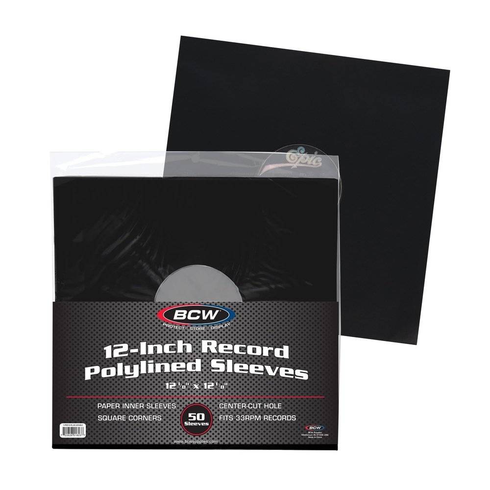 BCW 12-Inch Vinyl LP Record Sleeves - 50 Pack | Black Polylined Inner Protective Sleeves with Center Hole for Vinyl Records | Acid-Free, Scratch Resistant | Ideal for DJs and Collectors