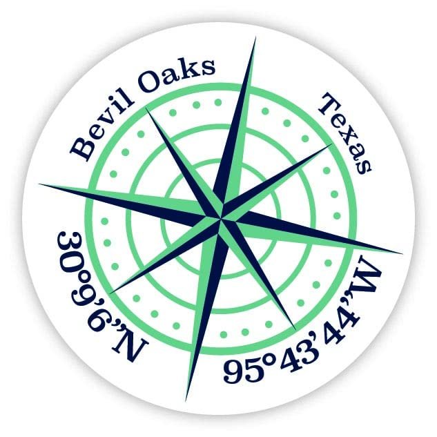 Bevil Oaks Texas 2-Inch Vinyl Decal Sticker Latitude Longitude Compass Design