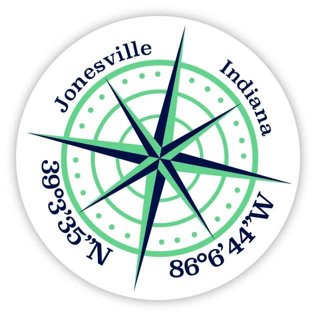 Jonesville Indiana 2-Inch Vinyl Decal Sticker Latitude Longitude Compass Design