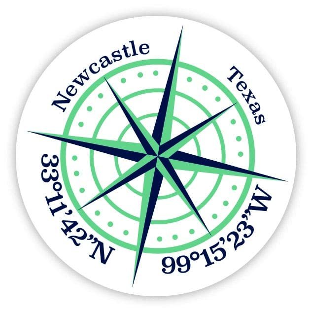 Newcastle Texas 2-Inch Vinyl Decal Sticker Latitude Longitude Compass Design