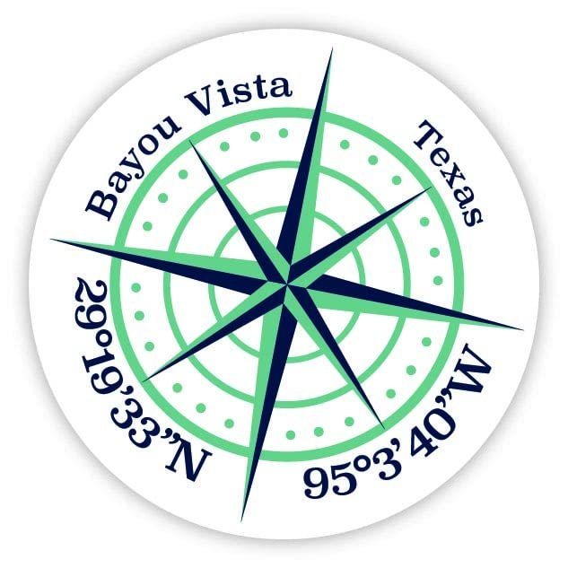 Bayou Vista Texas 2-Inch Vinyl Decal Sticker Latitude Longitude Compass Design