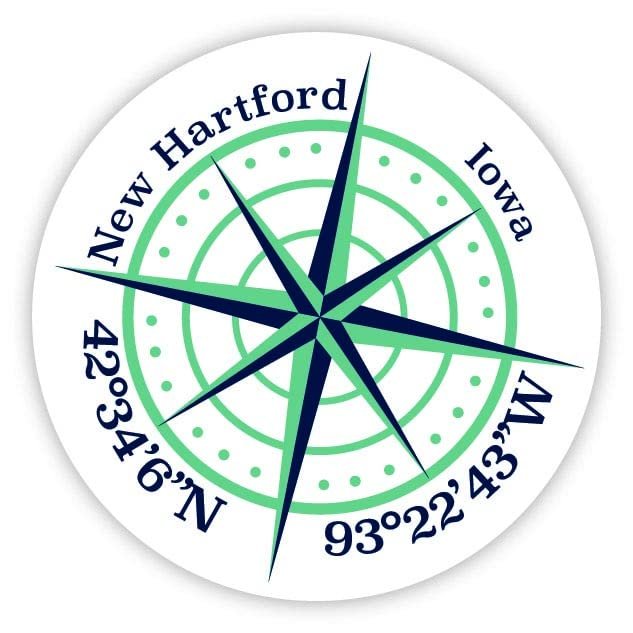 New Hartford Iowa 2-Inch Vinyl Decal Sticker Latitude Longitude Compass Design