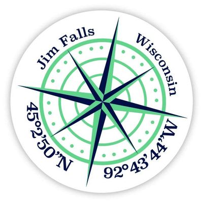 Jim Falls Wisconsin 2-Inch Vinyl Decal Sticker Latitude Longitude Compass Design