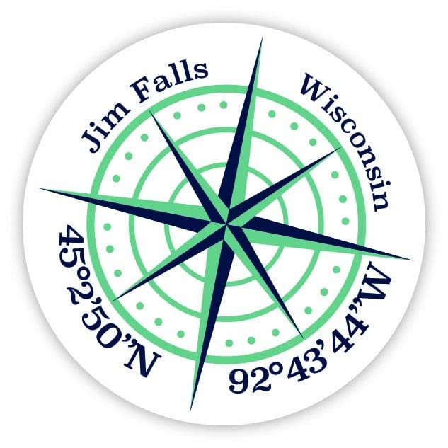 Jim Falls Wisconsin 2-Inch Vinyl Decal Sticker Latitude Longitude Compass Design