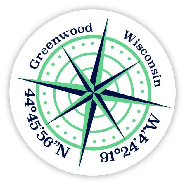 Greenwood Wisconsin 2-Inch Vinyl Decal Sticker Latitude Longitude Compass Design