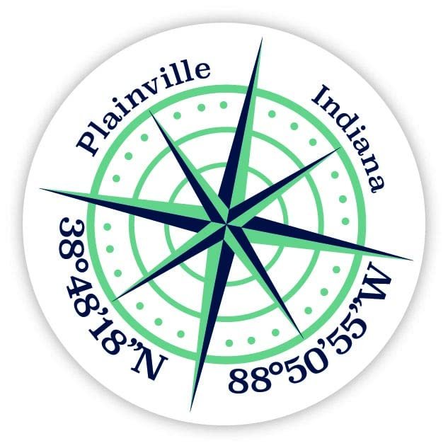 Plainville Indiana 2-Inch Vinyl Decal Sticker Latitude Longitude Compass Design