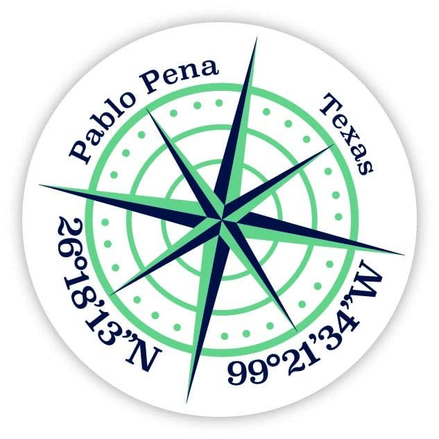 Pablo Pena Texas 2-Inch Vinyl Decal Sticker Latitude Longitude Compass Design