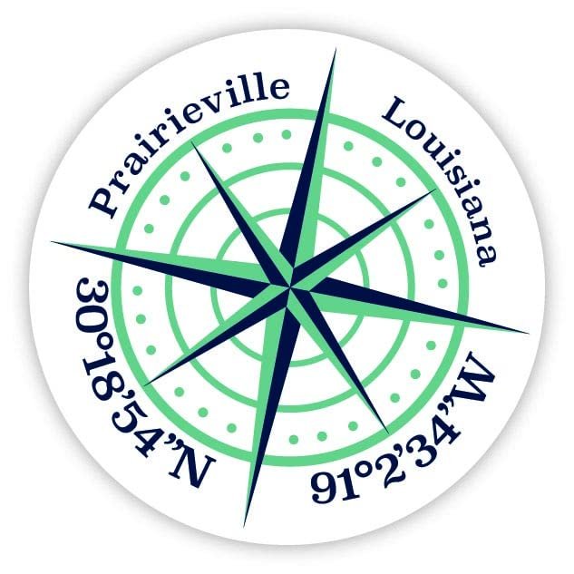 Prairieville Louisiana 2-Inch Vinyl Decal Sticker Latitude Longitude Compass Design
