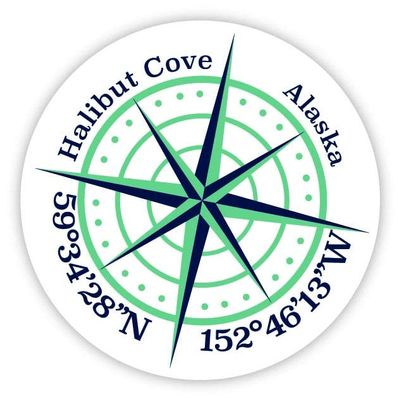 Halibut Cove Alaska 2-Inch Vinyl Decal Sticker Latitude Longitude Compass Design