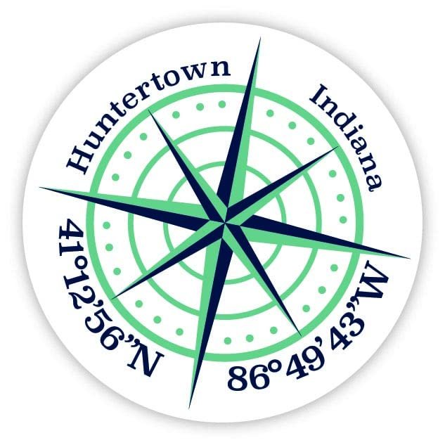 Huntertown Indiana 2-Inch Vinyl Decal Sticker Latitude Longitude Compass Design