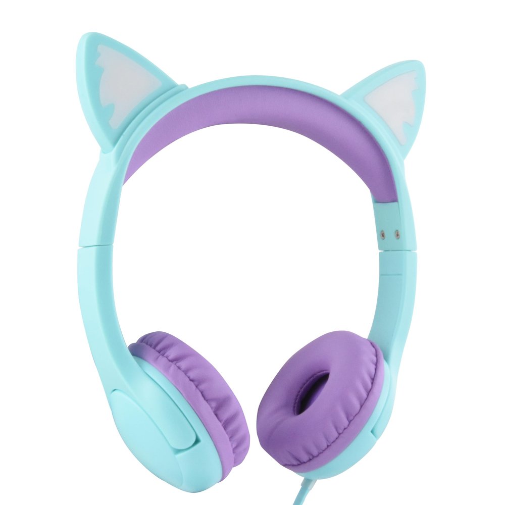 Olyre Kids Headphones with MIC for School, 85dB Safe Volume Limited Light Up Cat Ear Headphones,Wired Cord On-Ear Headset for Children/Boys/Girls/Travel-Green/Purple