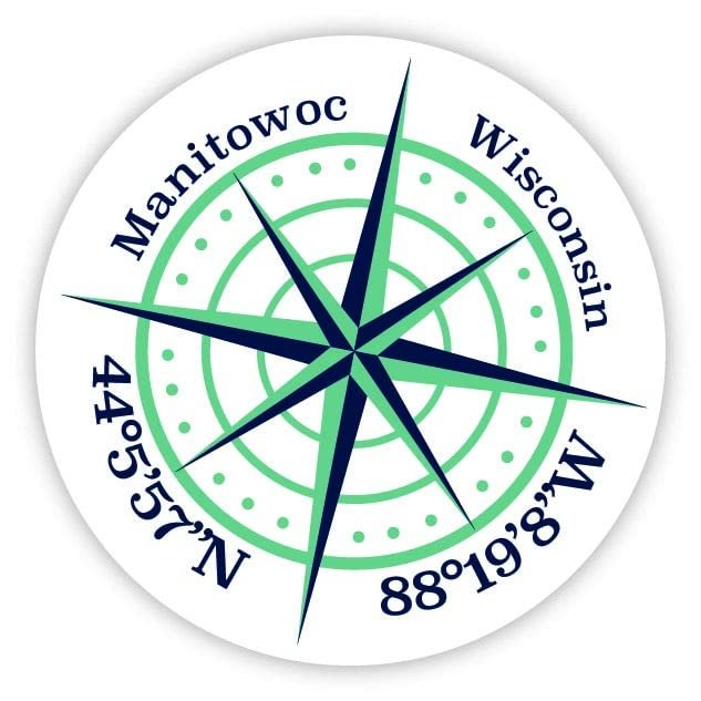 Manitowoc Wisconsin 2-Inch Vinyl Decal Sticker Latitude Longitude Compass Design